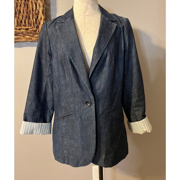 Trina Turk Blue Denim Jacket 6 Small Cotton Rolled Cuff Lightweight - Picture 5 of 9